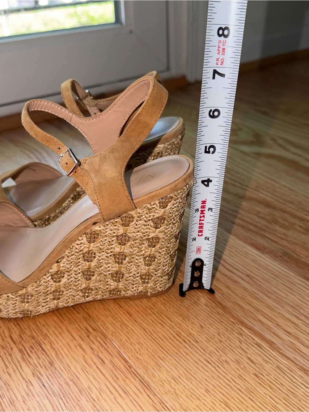 Anthropologie Textured Wedge Sandals Tan Suede Raffia Platform Heels Size 8 - Picture 8 of 9